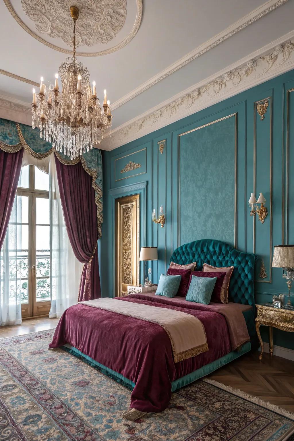 Azure and jewel tones create a luxurious vibe.