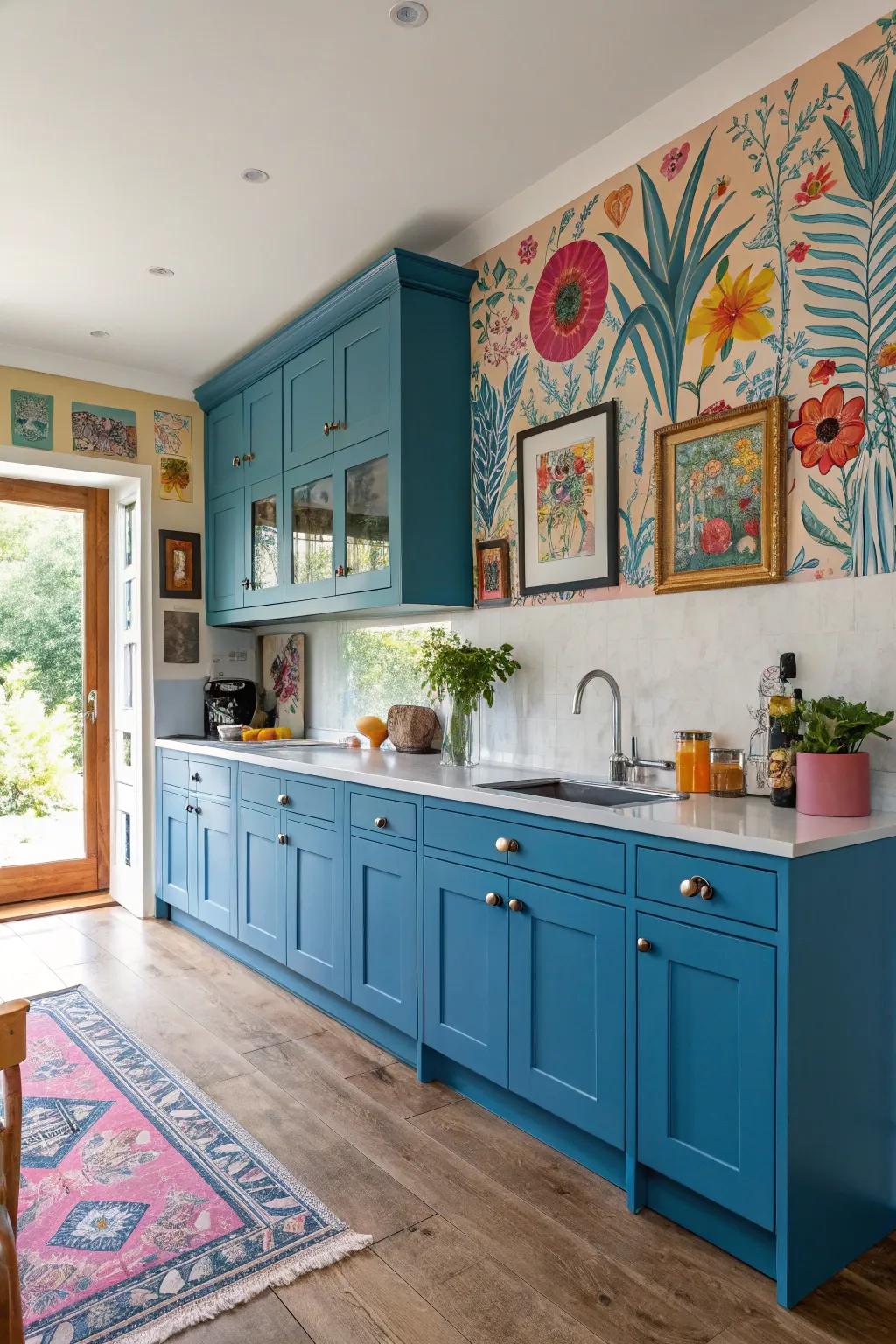 Artistic features in the kitchen personalize the space and enhance blue cabinets.