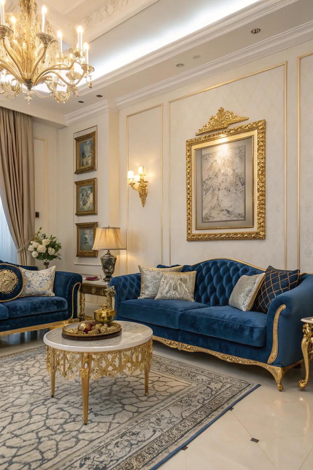 Blue and gilded accents create an elegant and sophisticated atmosphere in this luxurious living room.