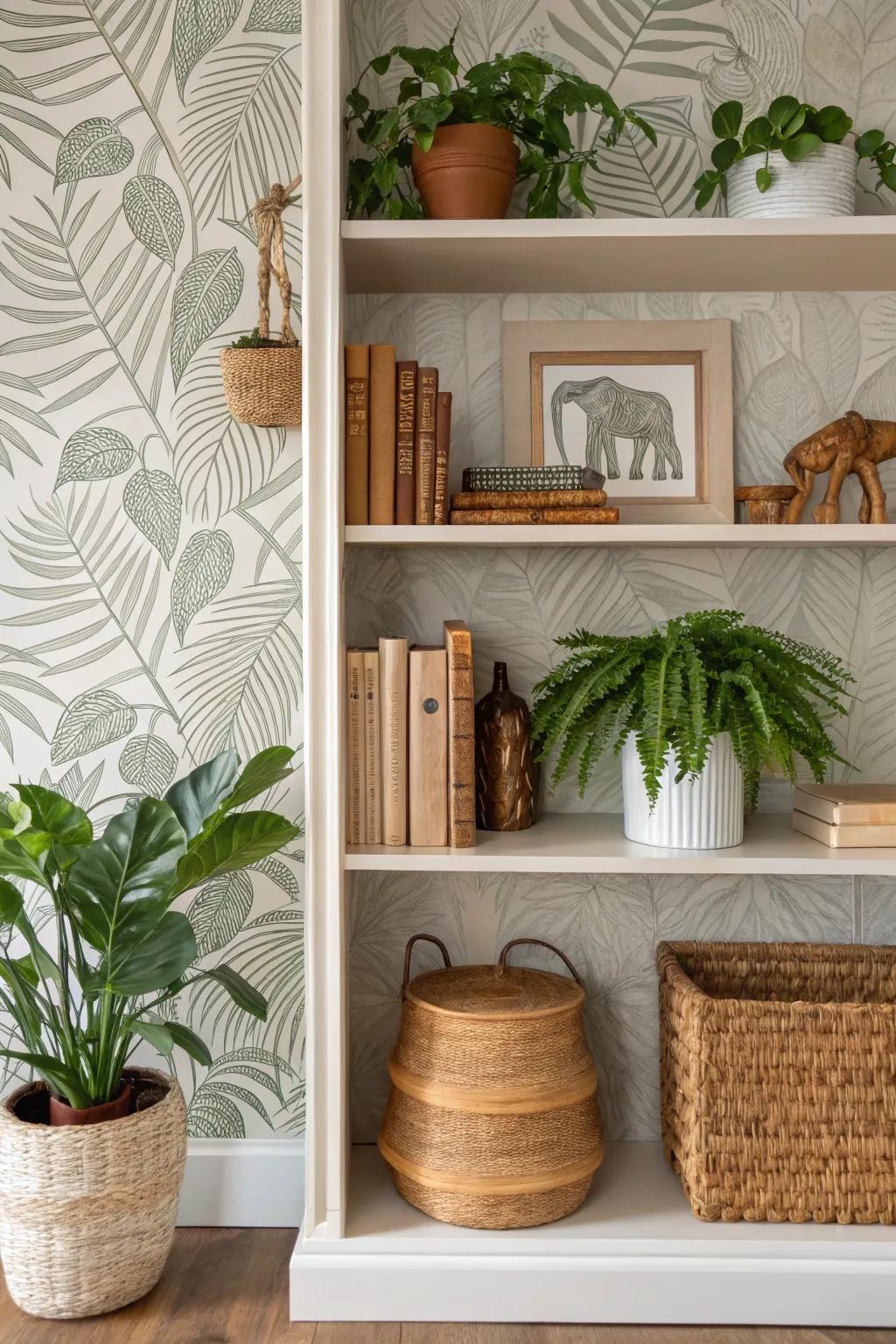 Bookshelf with leaf texture wallpaper for a calming, earthy vibe.