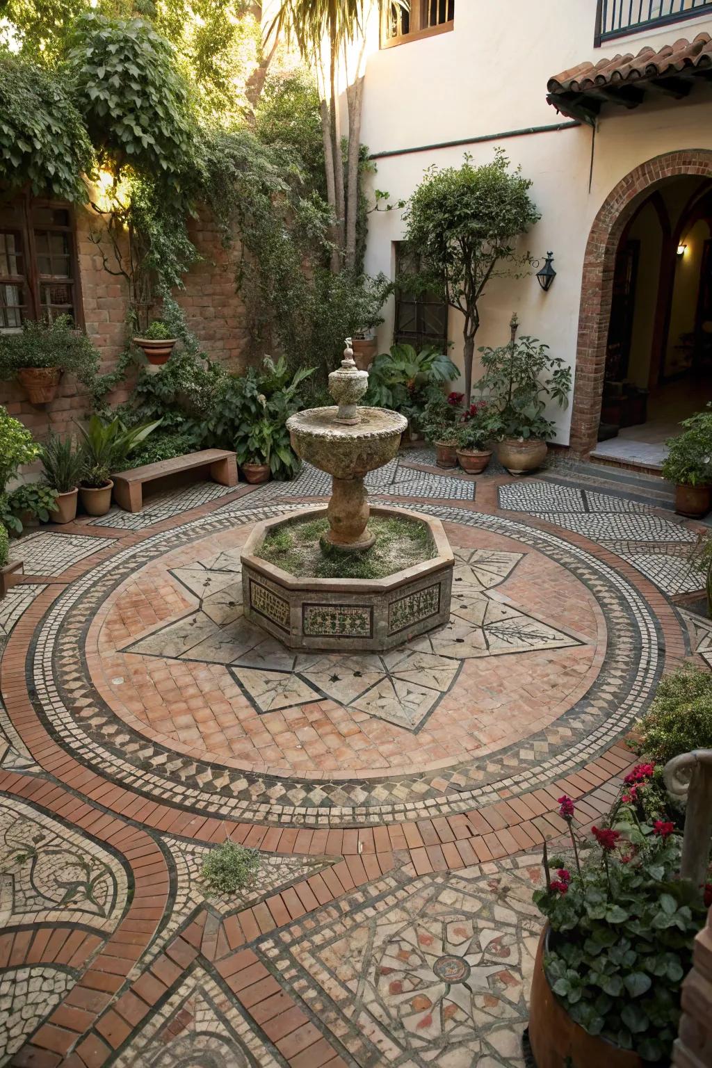 Mosaic stone block patterns fashion captivating and artistic outdoor centerpieces.