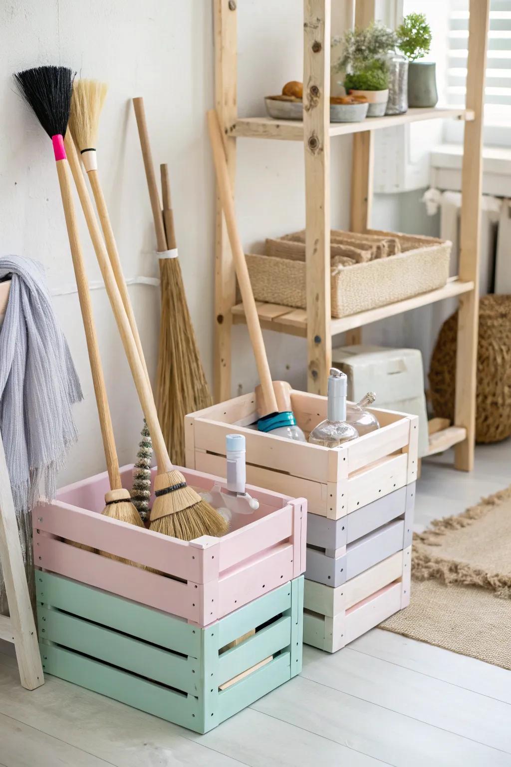 Add rustic charm with repurposed crate storage.