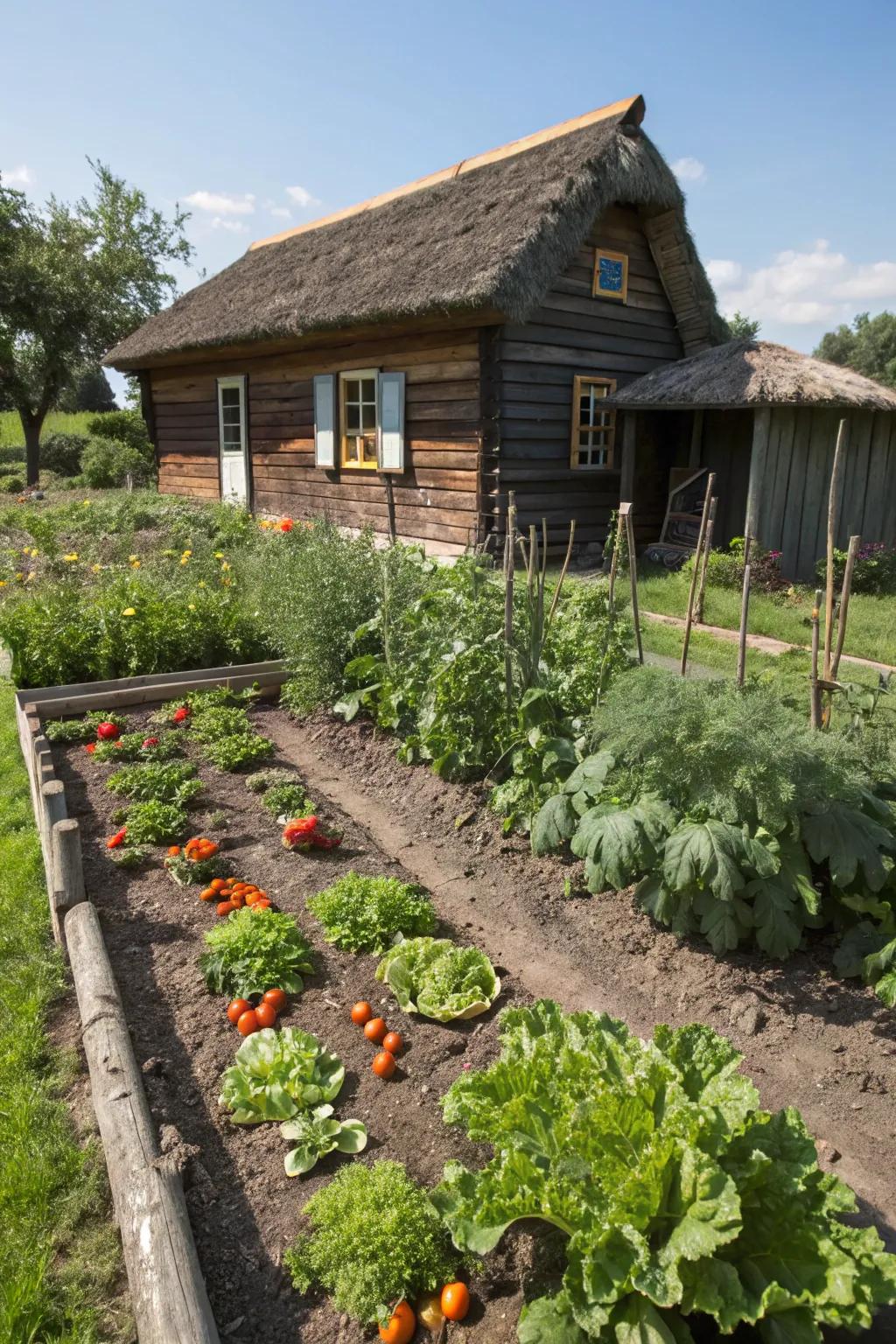 A vegetable patch provides fresh produce and gardening joy.