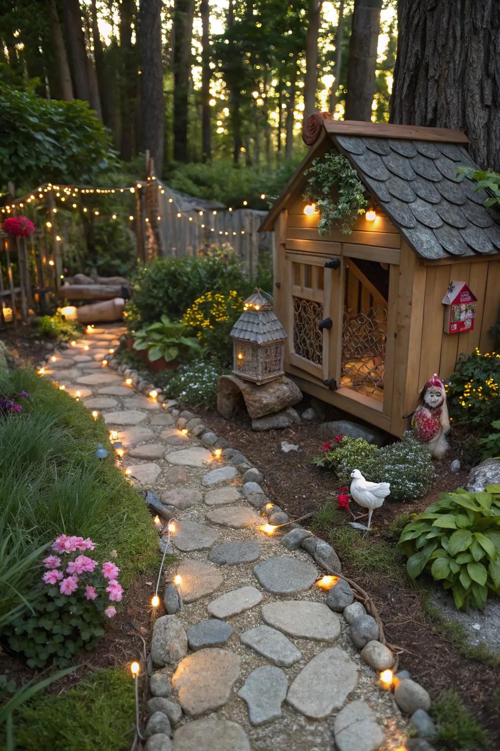 A whimsical garden pathway introduces whimsy and enchantment to the hen house ingress.