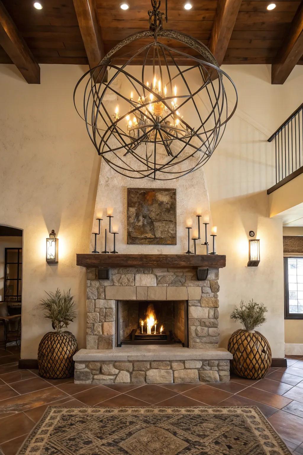 An unexpected art installation located above the fireplace captivates and alters the space.
