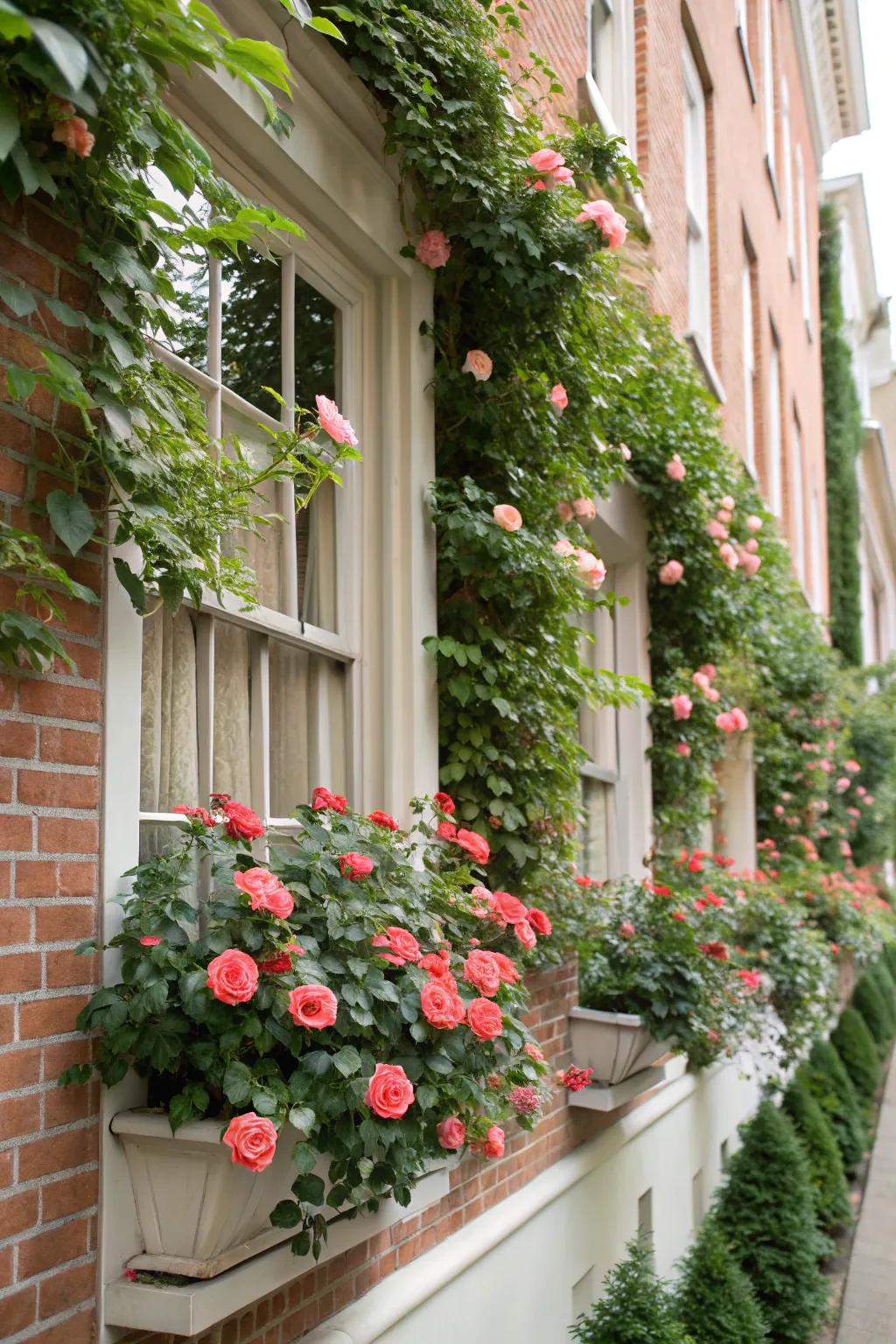Add lush beauty to windows with climbing rose boxes.