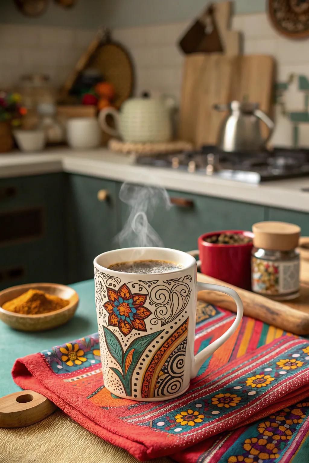 Explore global artistry with coffee cups adorned with beautiful cultural designs.