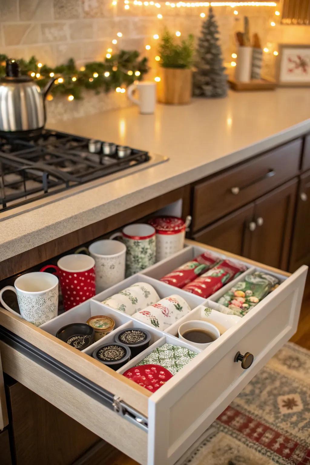 Seasonal décor keeps your coffee drawer festive and inviting.