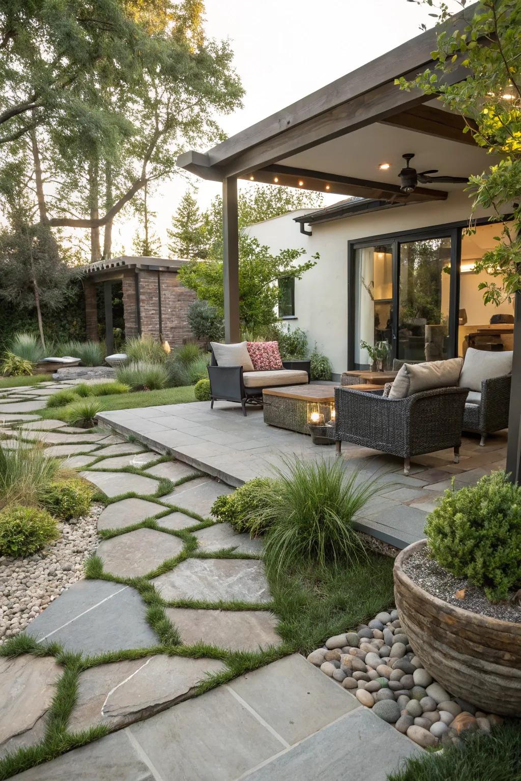 Natural stone features providing elegance to a modern patio.