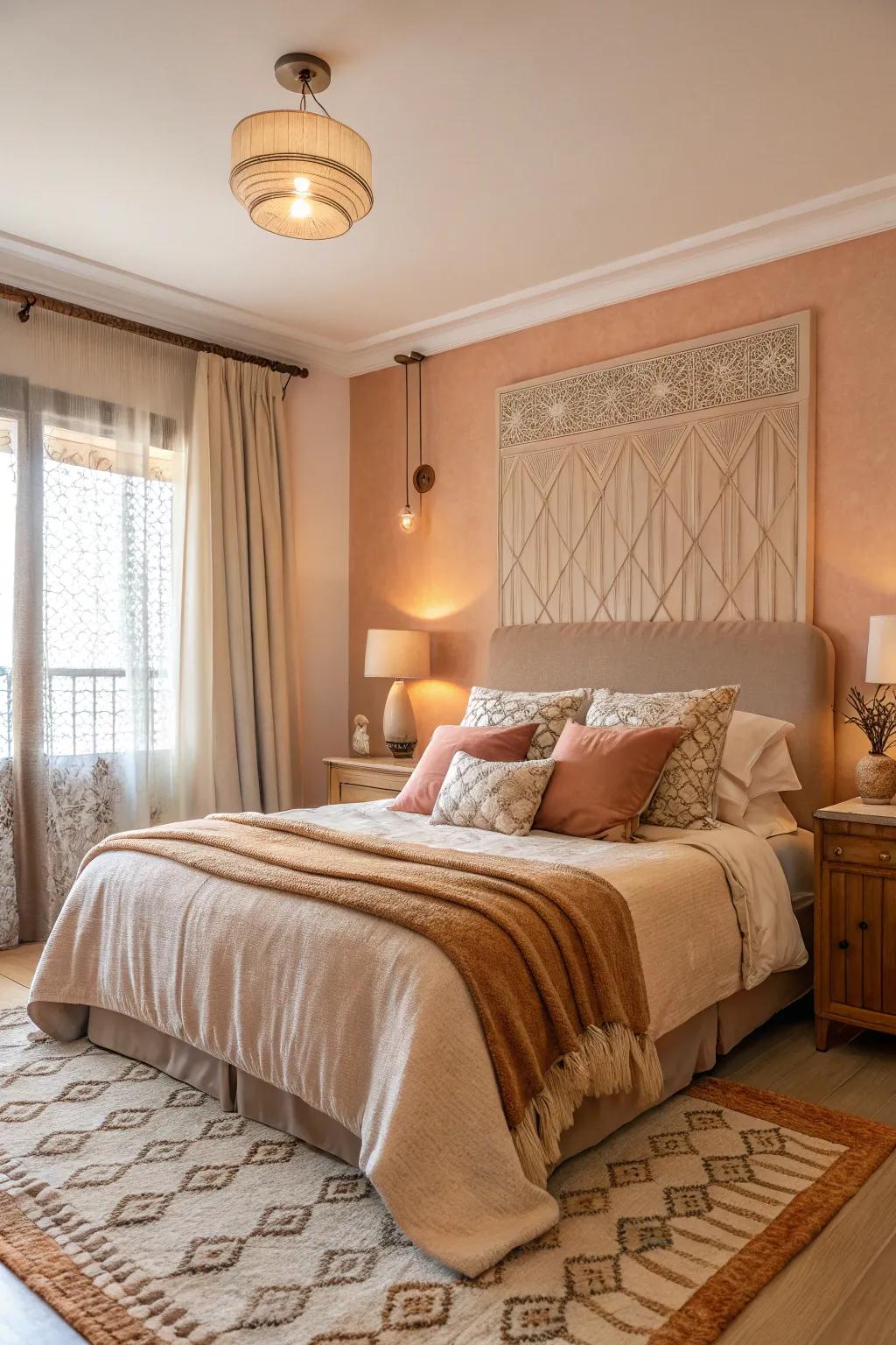 A resting quarter mixing peachy tones with pale brown for a warm and also welcoming area.
