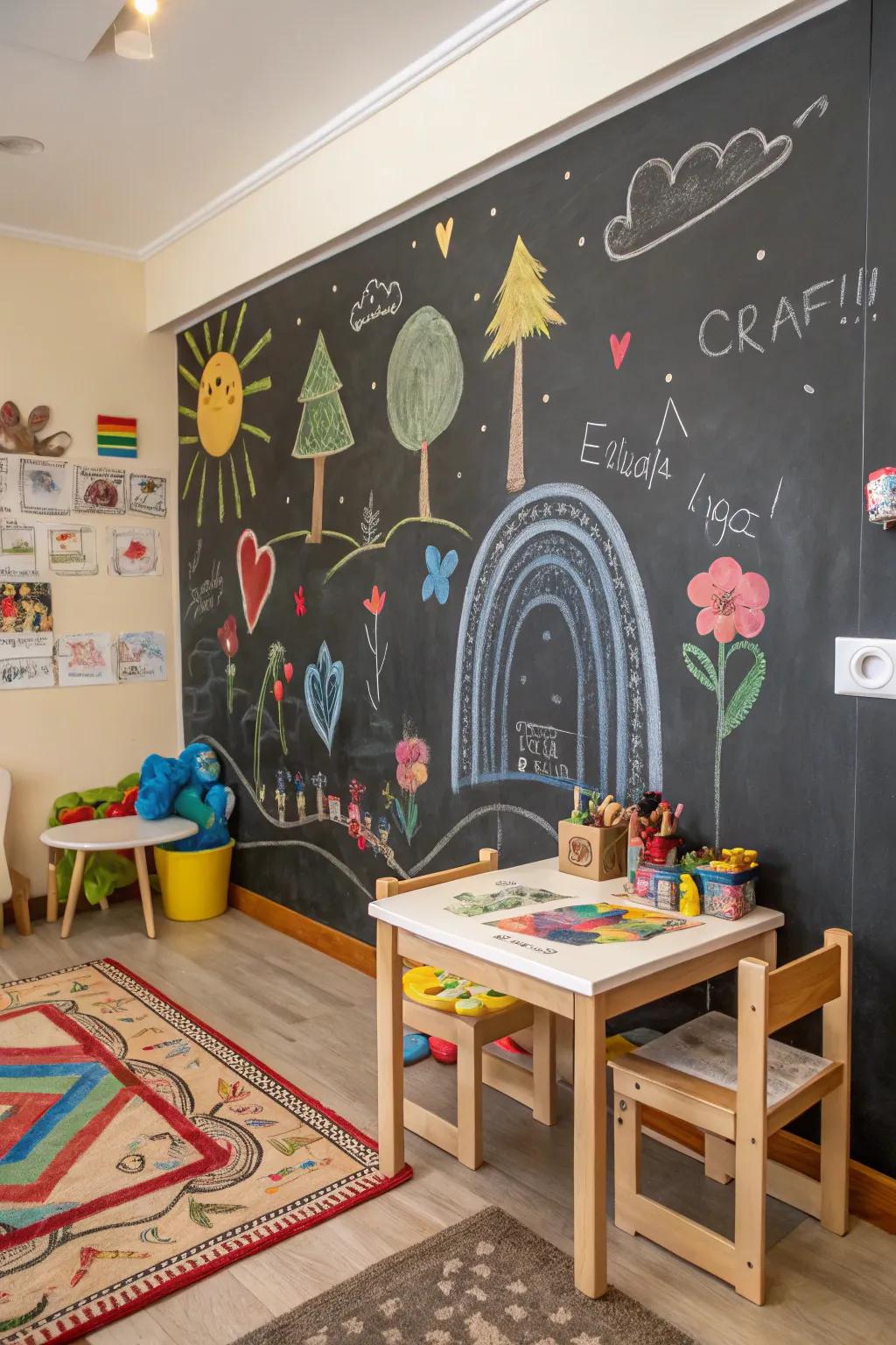 A chalkboard wall allows for dynamic and creative expression.