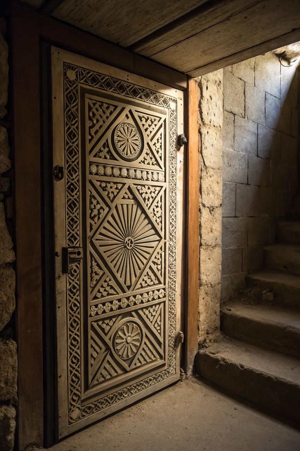 Geometric patterns inject modern style into crawl space doors.