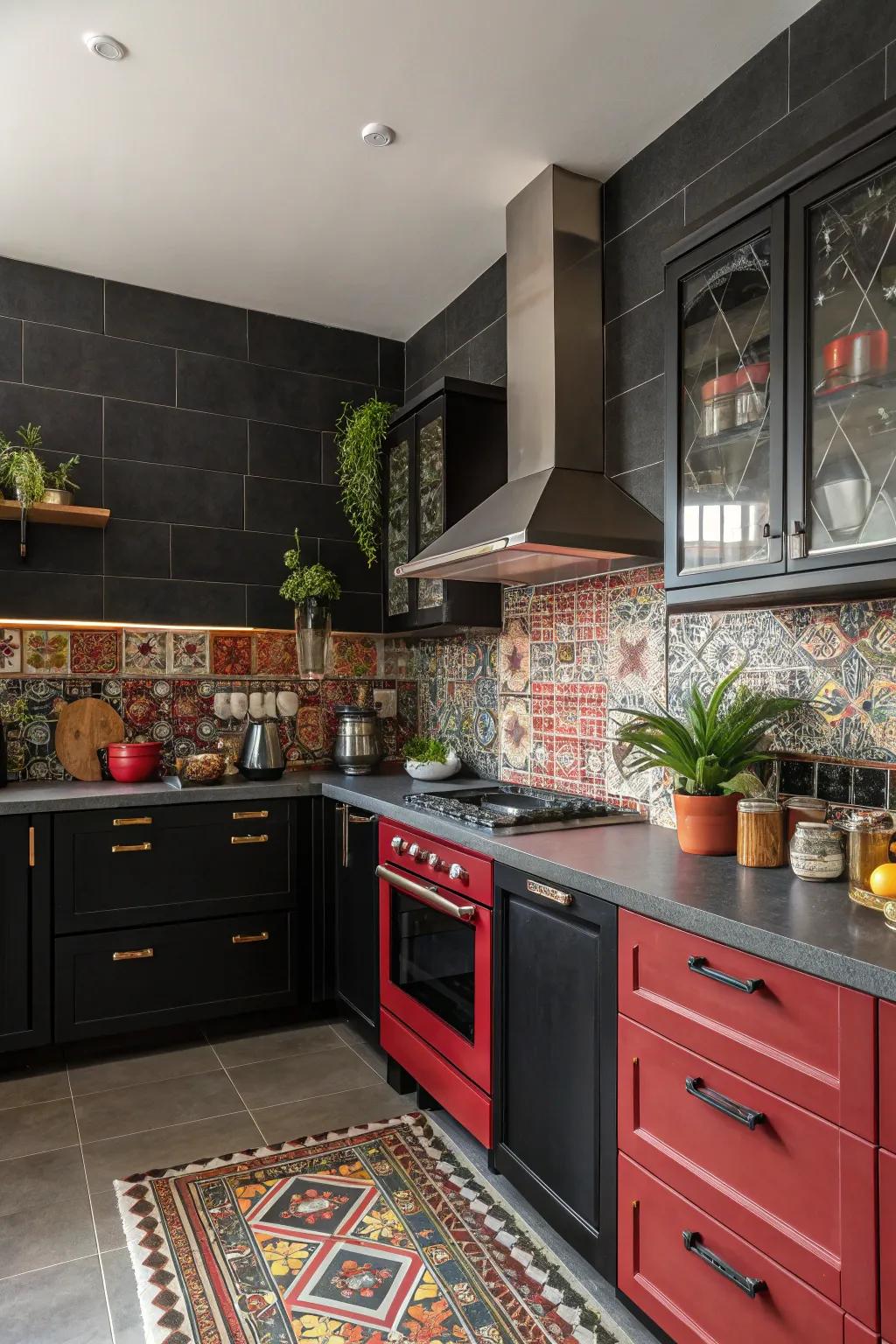 A playful kitchen design with a dark backsplash contrasted by bold color accents.