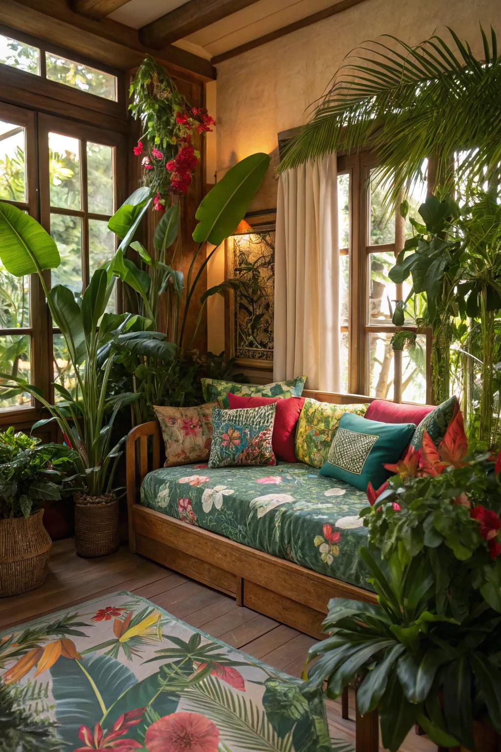 A tropical retreat in your home, complete with a daybed tucked away amid lush vegetation.