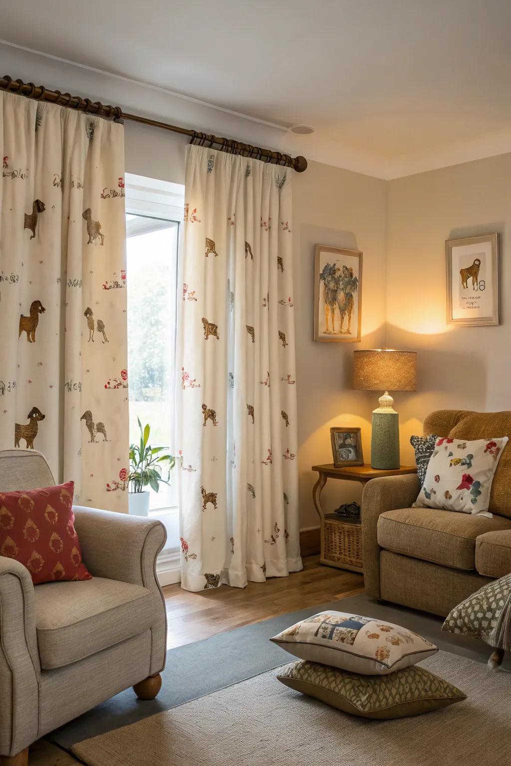 Add a fun touch with dog-themed window treatments.