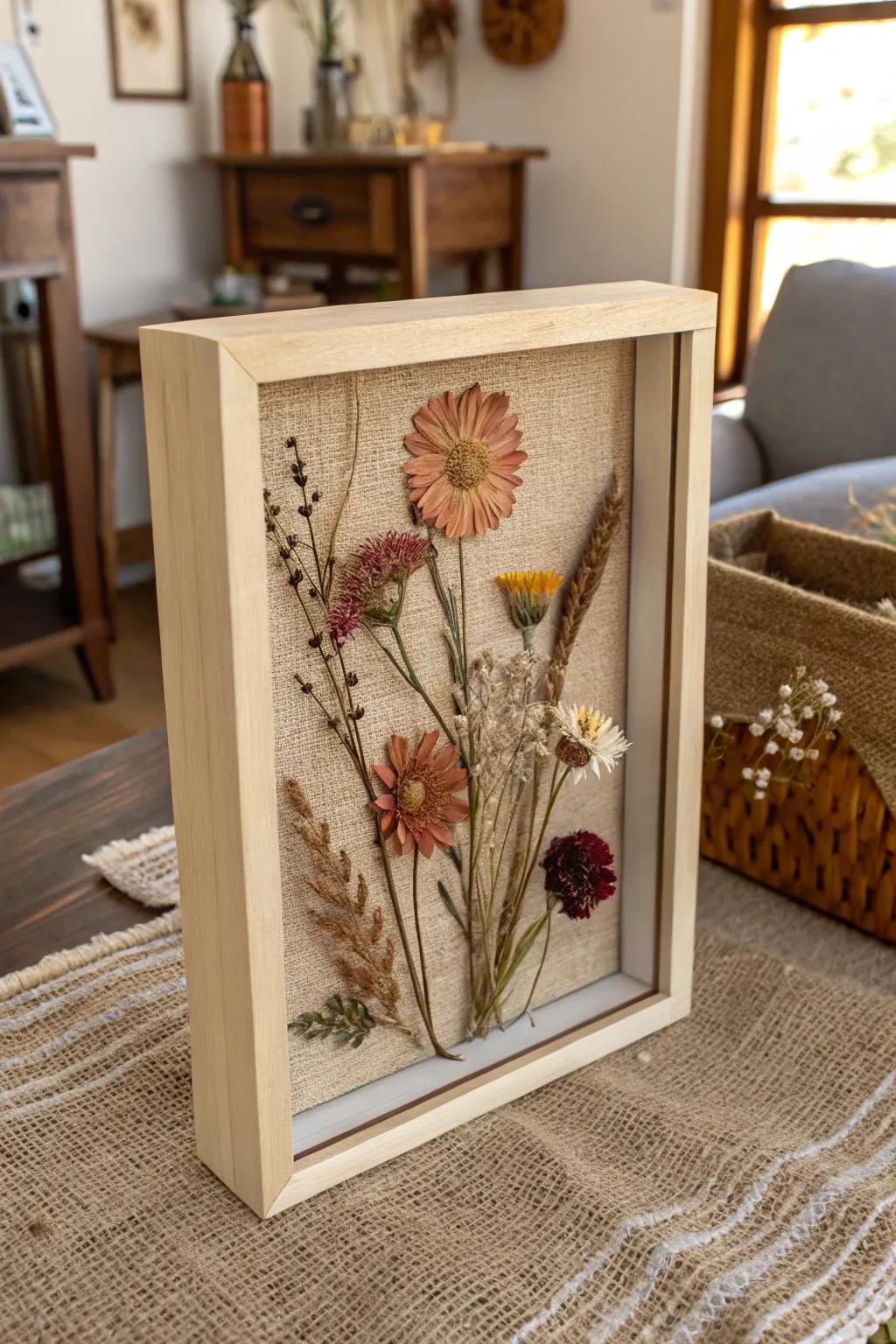 Enhance your décor with textured backgrounds in dried flower memory boxes.