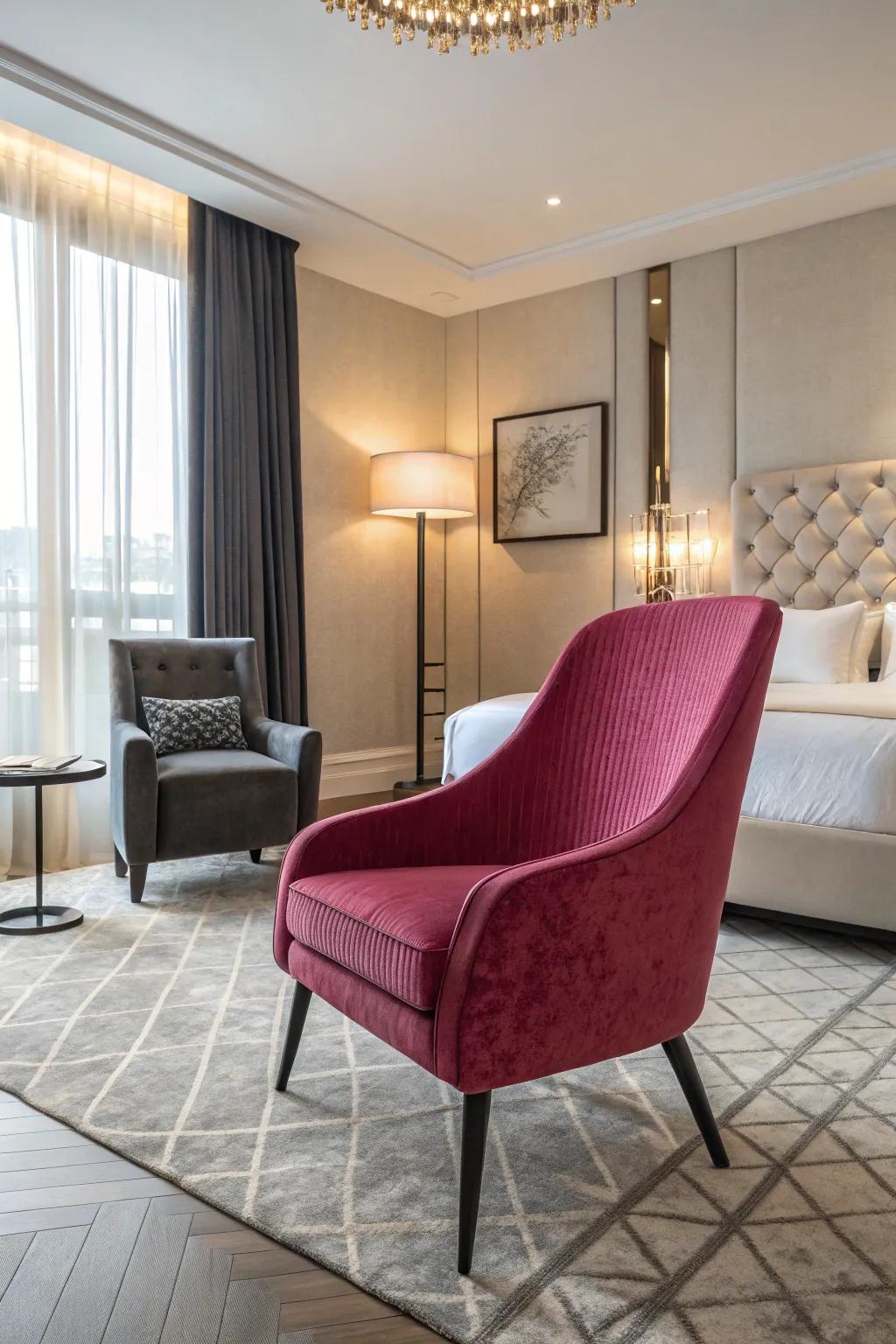 A modern luxury bedroom featuring an unexpected bold color accent chair.