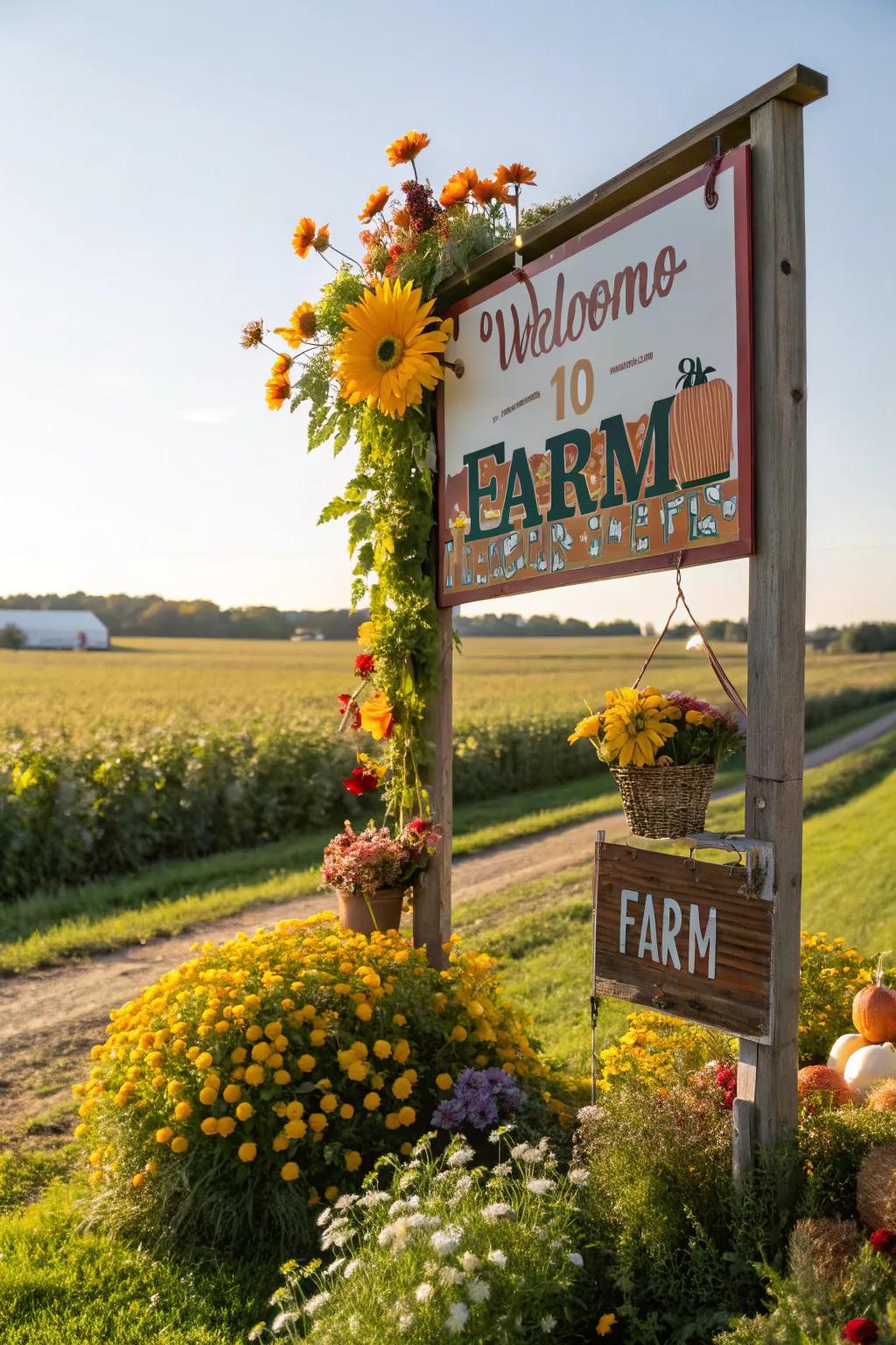 Periodic touches introducing a festive spirit to a farm marker.