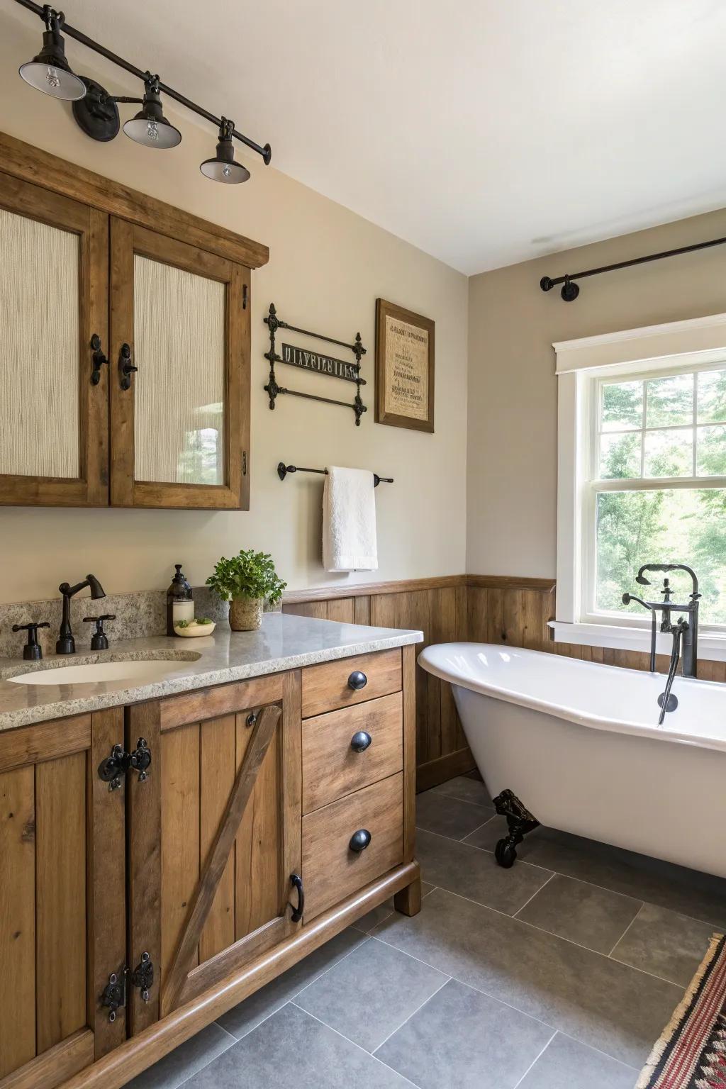 Striking hardware introduces a notable detail to this farmhouse bathroom.