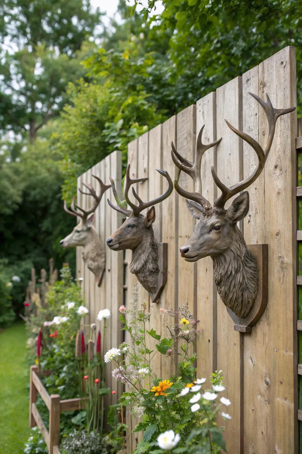 A fence segment backdrop offers a cohesive display for multiple mounts.