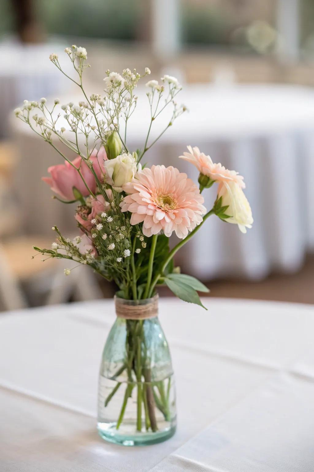 A simple floral centerpiece featuring a few blossoms on a table.