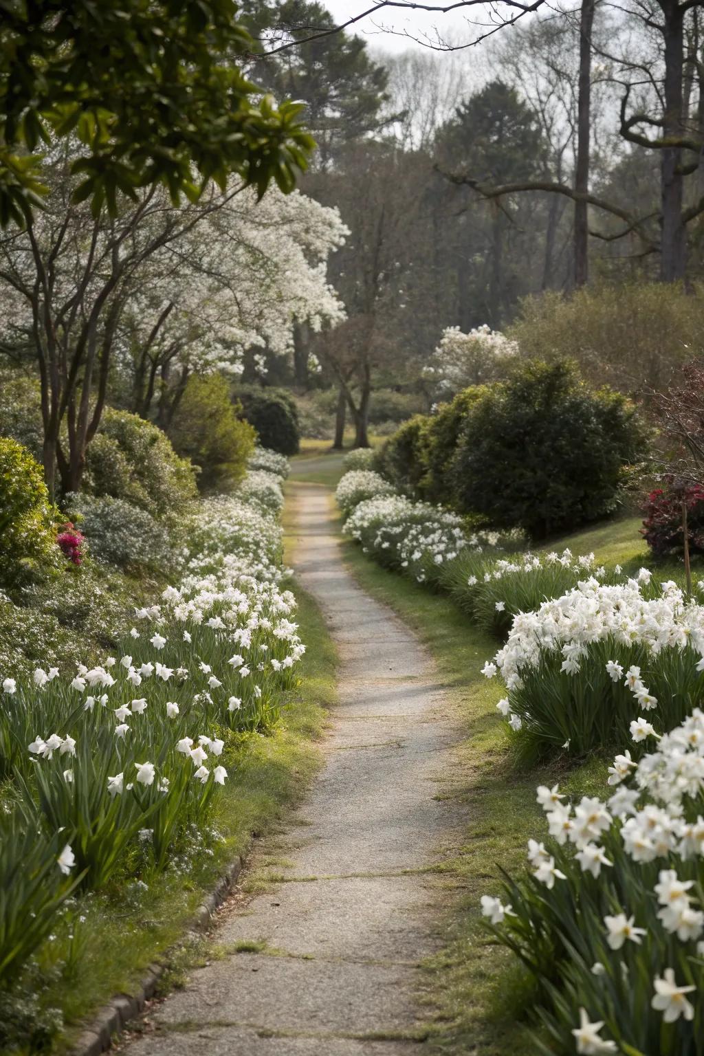 A pale flower pathway creating a fairy-tale garden entrance.