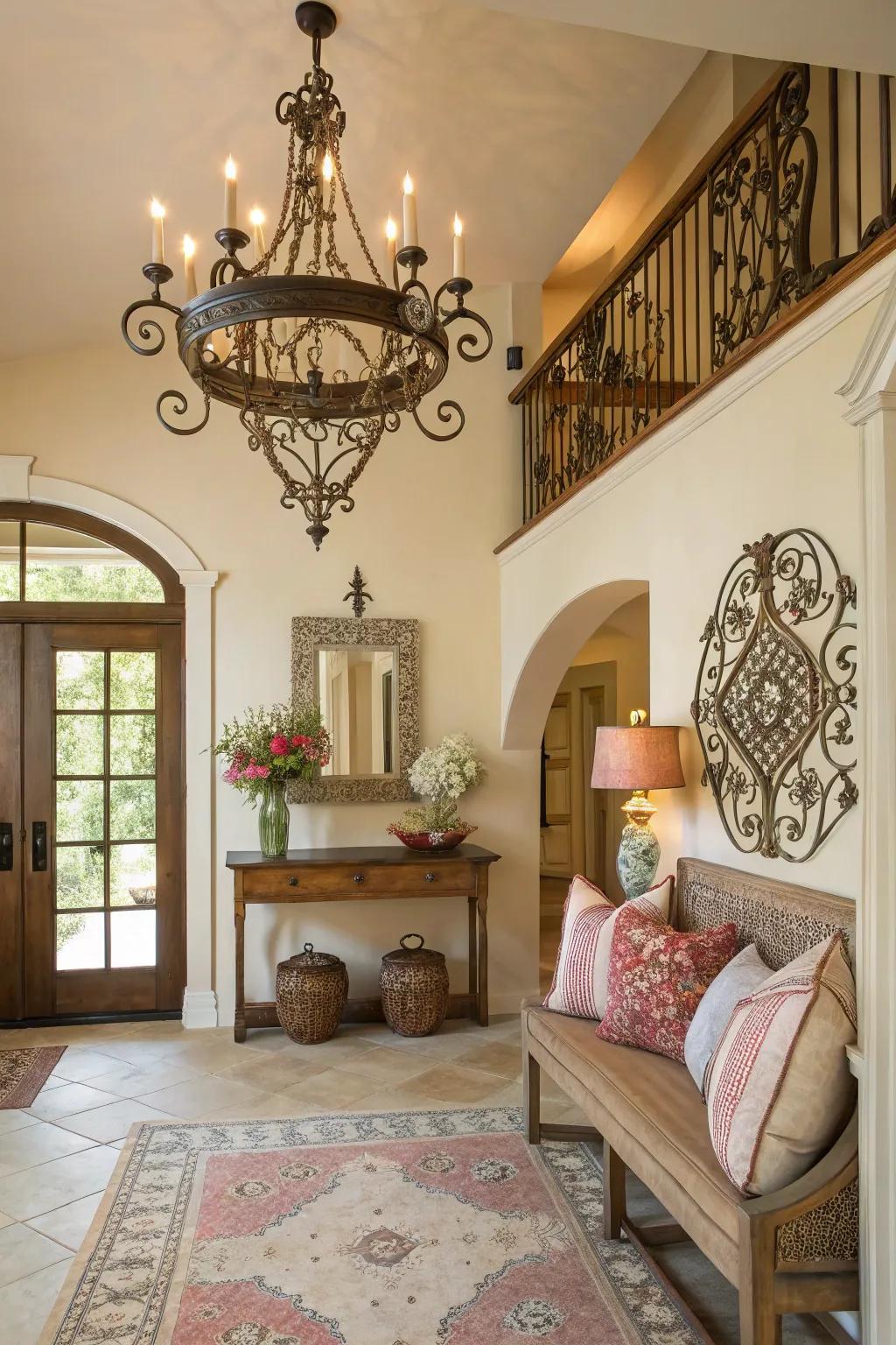 A fashioned iron chandelier introduces whimsical charm to this cozy entryway.