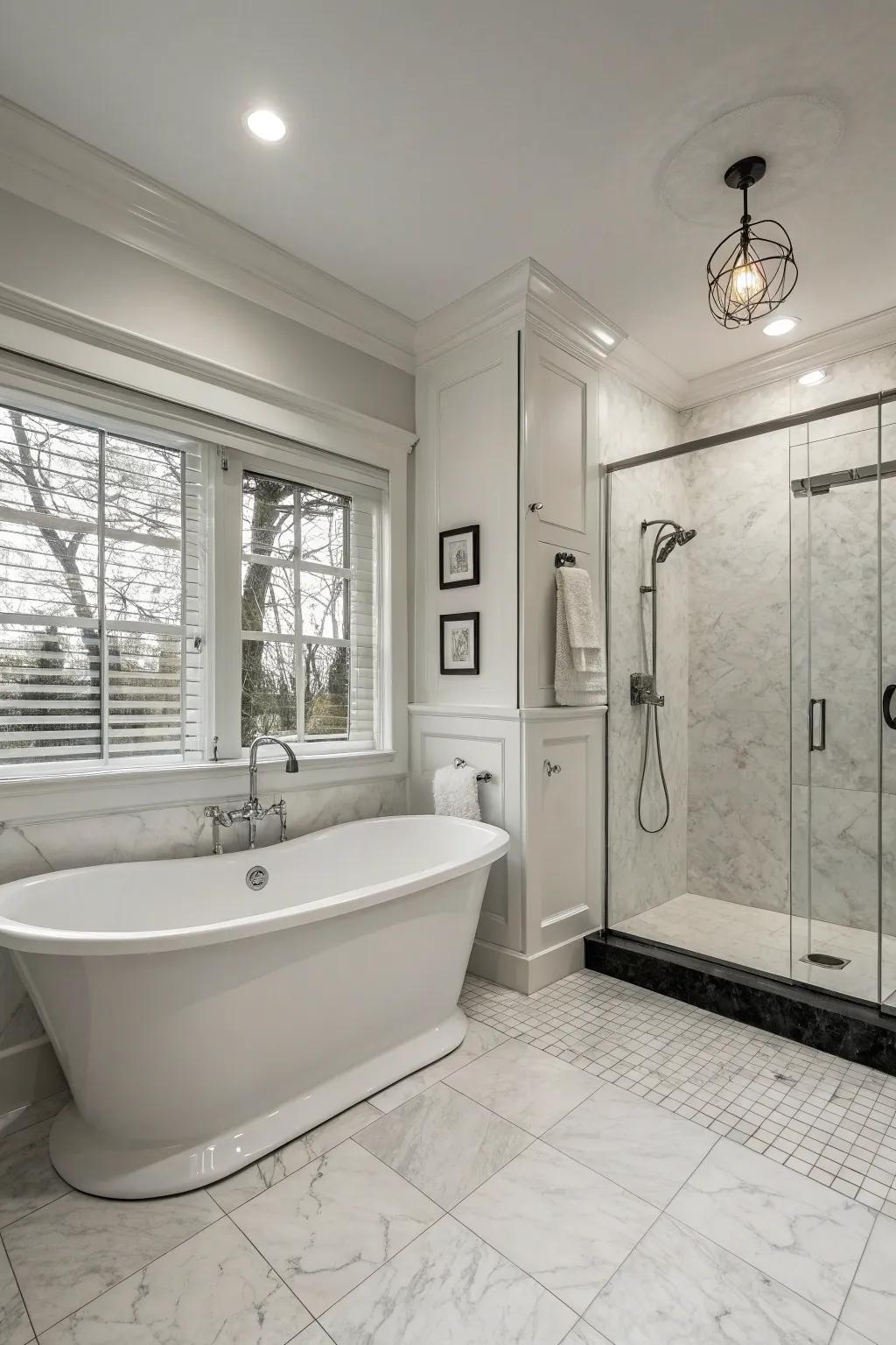 An ageless monochrome bathroom featuring a detached soaking tub and streamlined design.