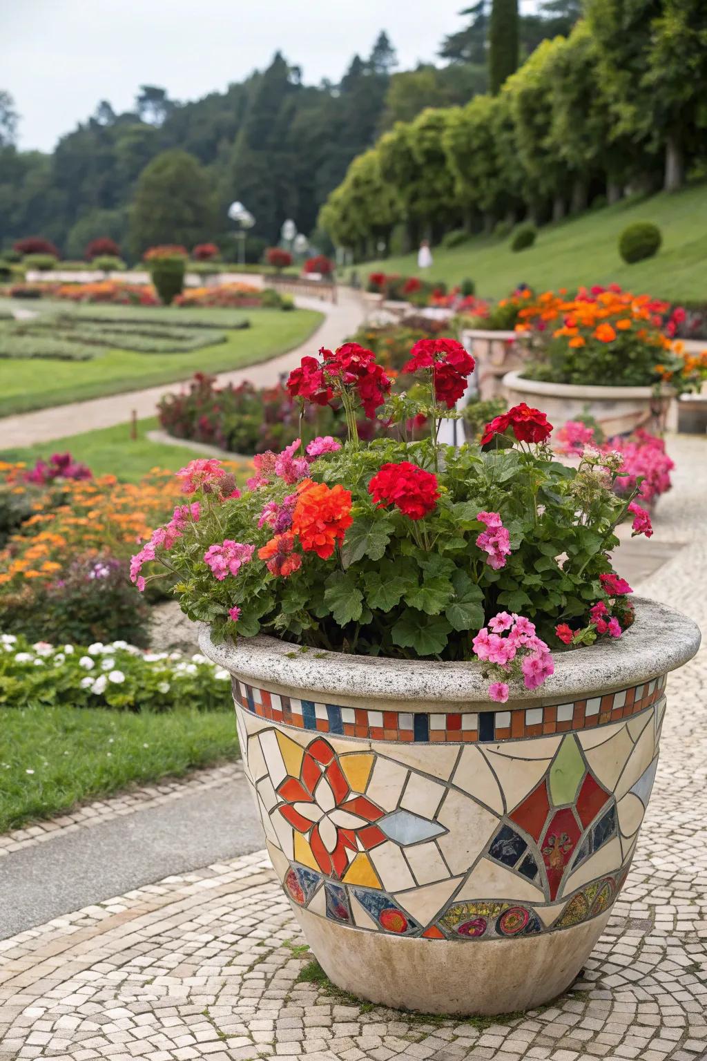 An artistic mosaic pot serves as a vibrant and unique home for colorful geraniums.