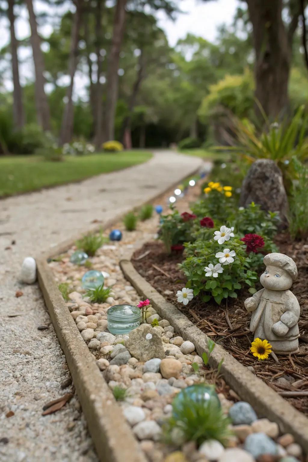 A quirky stone flower garden abundant with playful elements