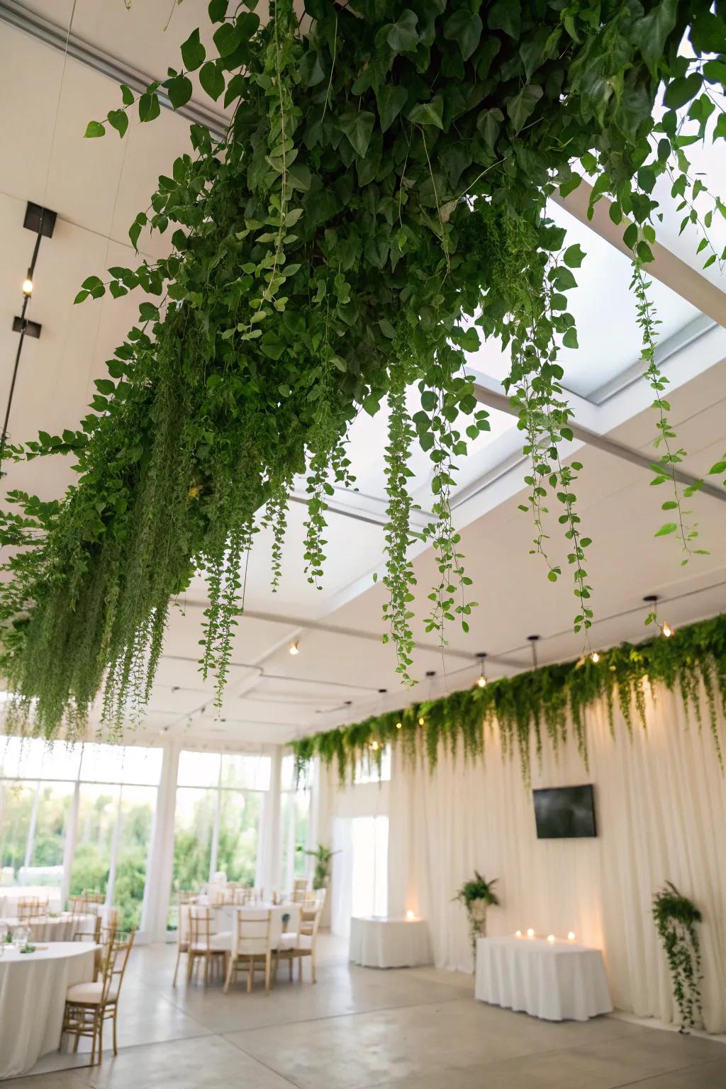 A botanical ceiling installation offers a unique and stunning decor twist.