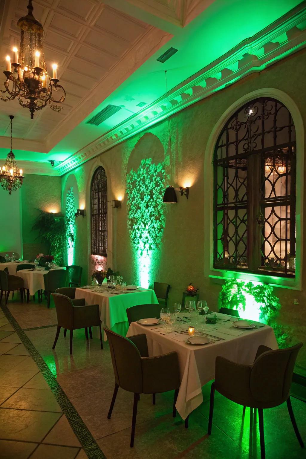 Green lighting casting a magical radiance over the table.