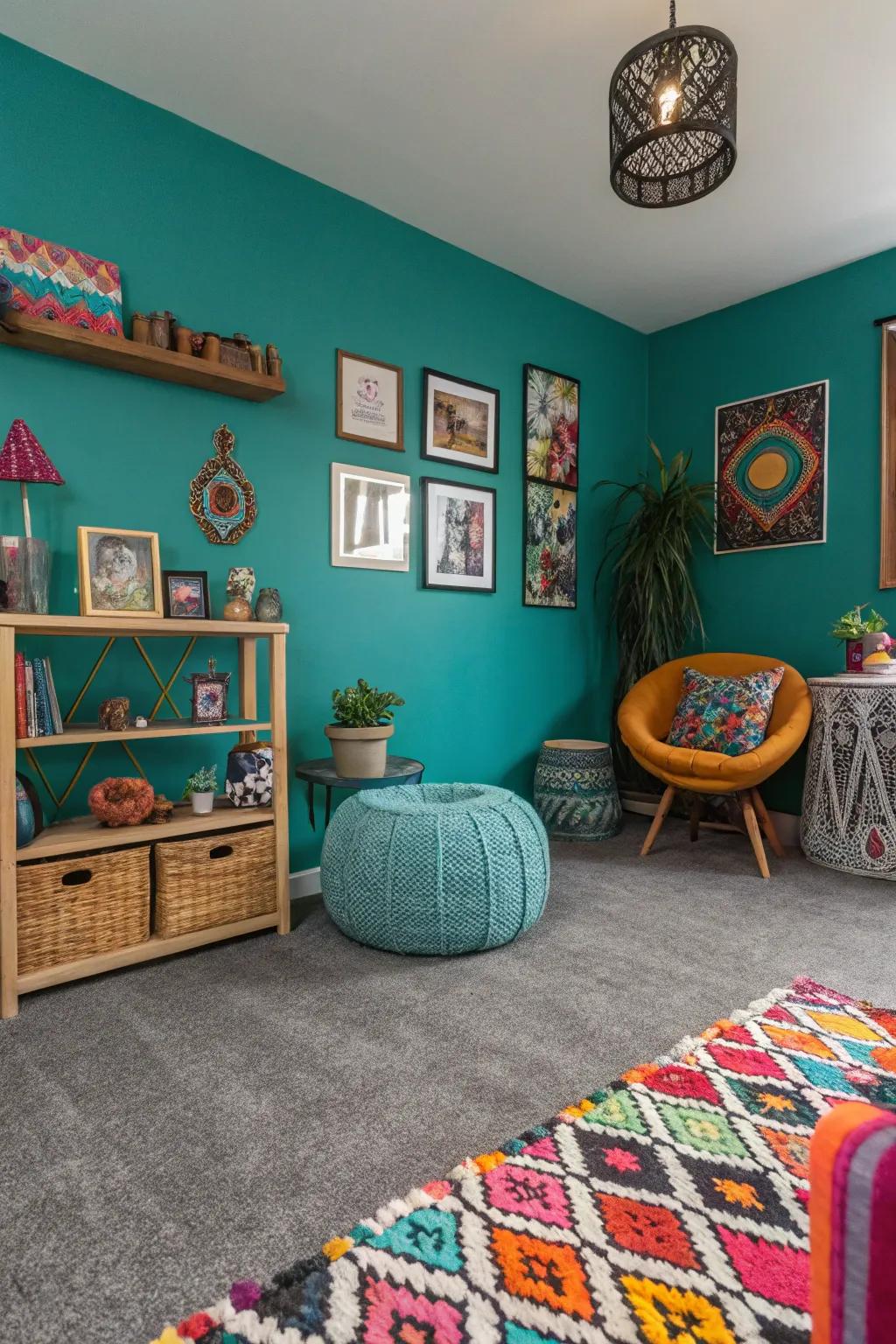 Aqua walls create a vibrant and dynamic backdrop alongside grey carpets.