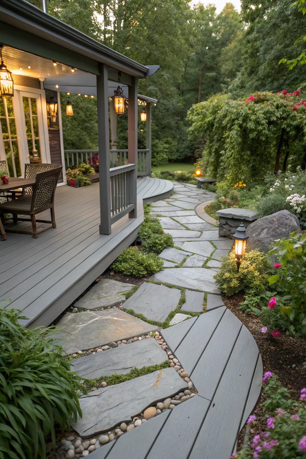 Elegant stone details enriching a grey deck's design.