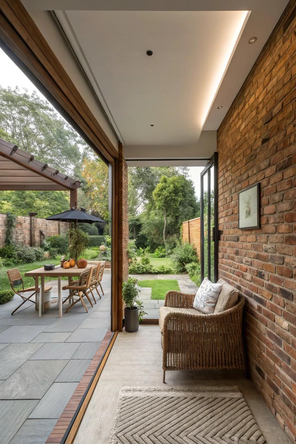 A seamless indoor-outdoor feel with a brick wall connecting the interior to a patio.