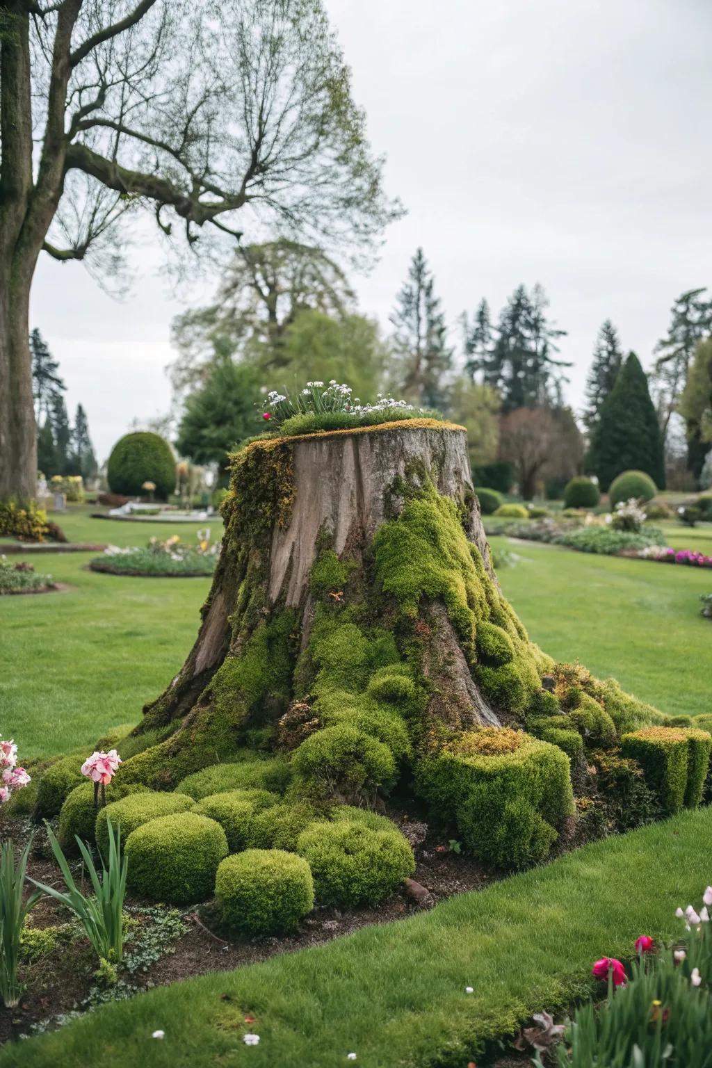 A lichen-covered tree stump art piece injects mystery into the garden.