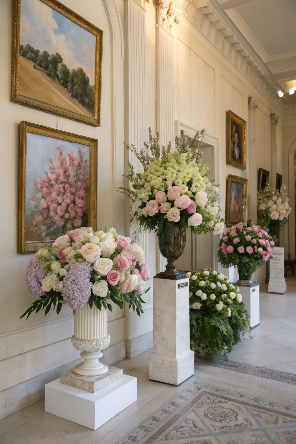 Flower arrangements coordinated with artwork highlight both beautifully.