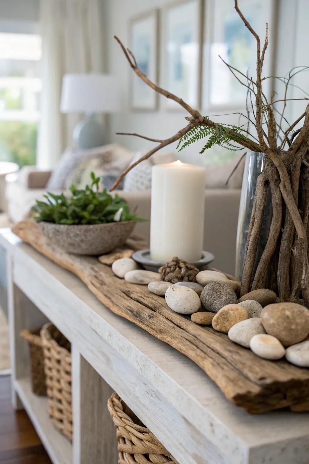 Natural elements, such as wood and stone, enhance an earthy, grounding feel within the decor.