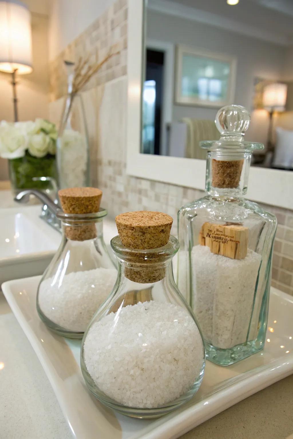 Sophisticated Epsom salt storage with cork-topped containers