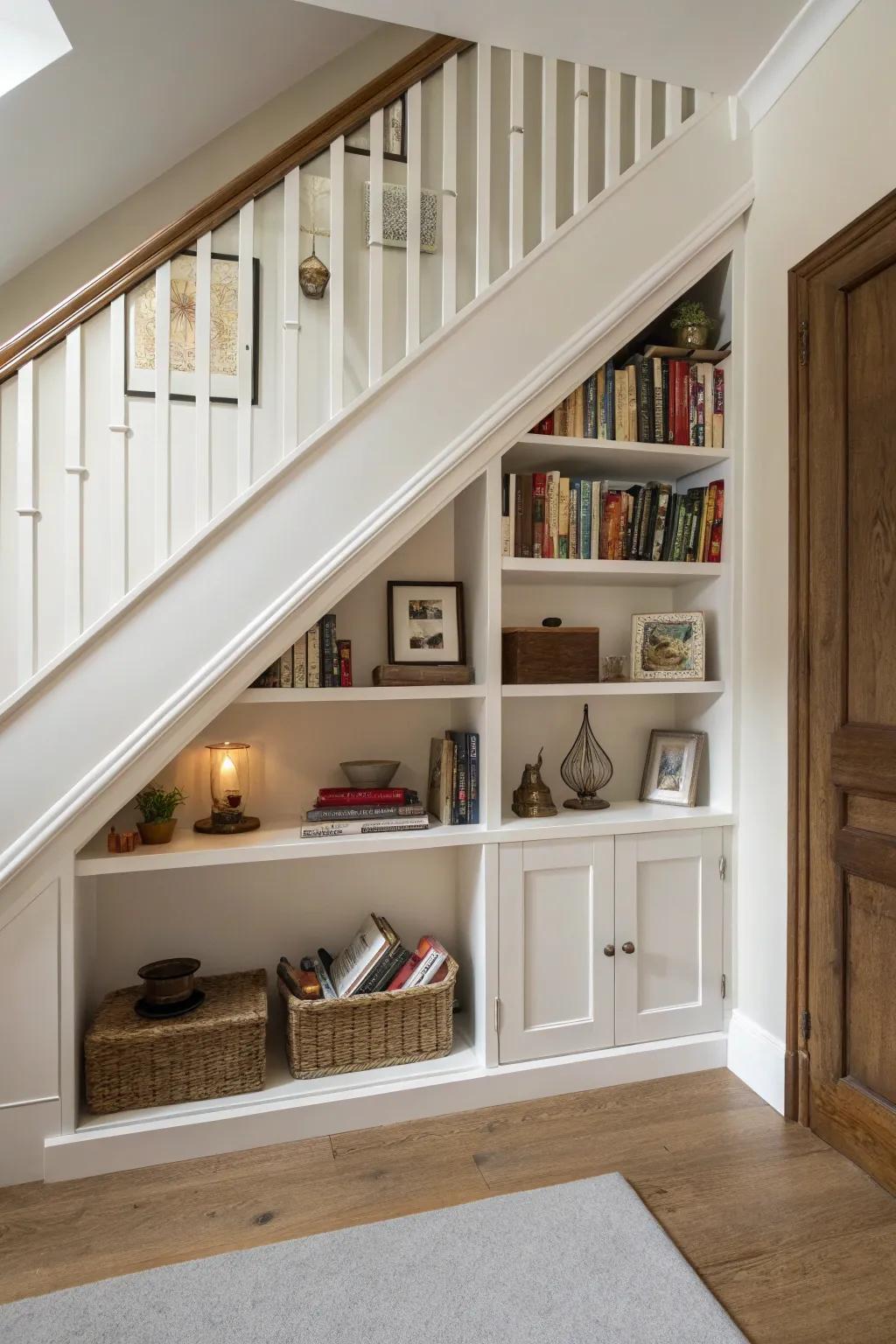 Make the most of every inch with under-stair built-in shelving.