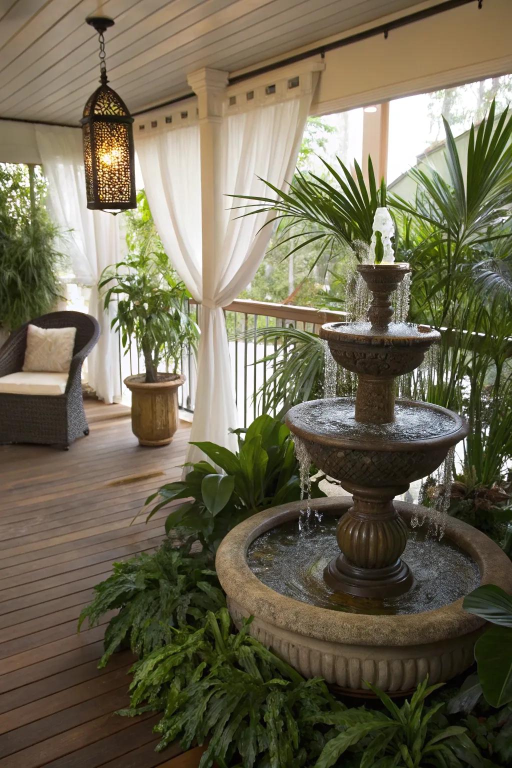 An indoor water feature adds tranquility to this deck.