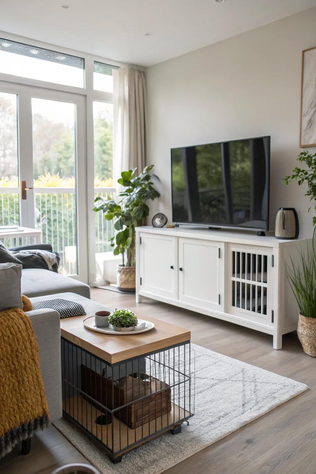 Entertainment and pet comfort combined in a hidden TV unit dog house.