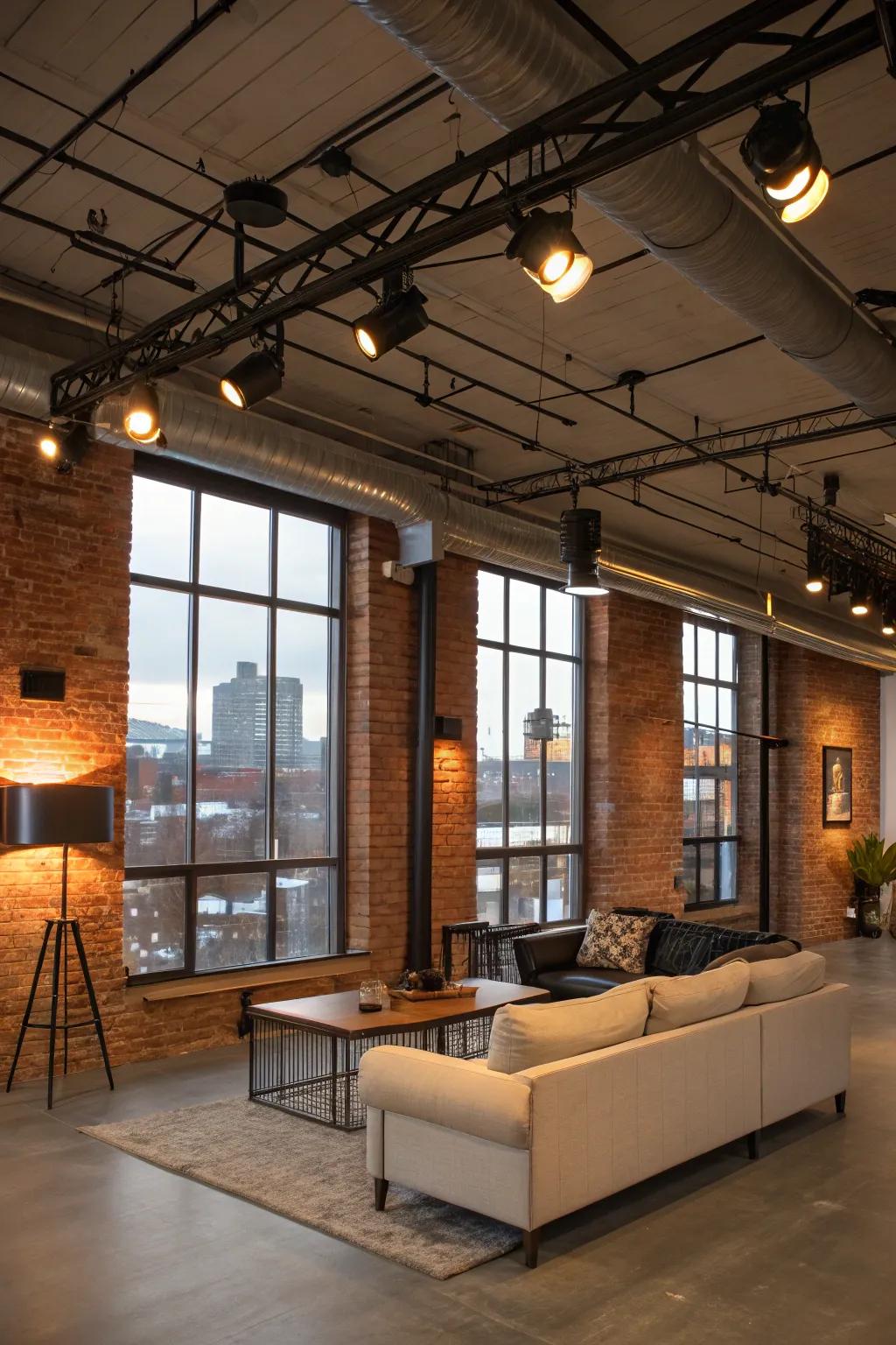 Factory-style living space featuring stunning LED spotlighting