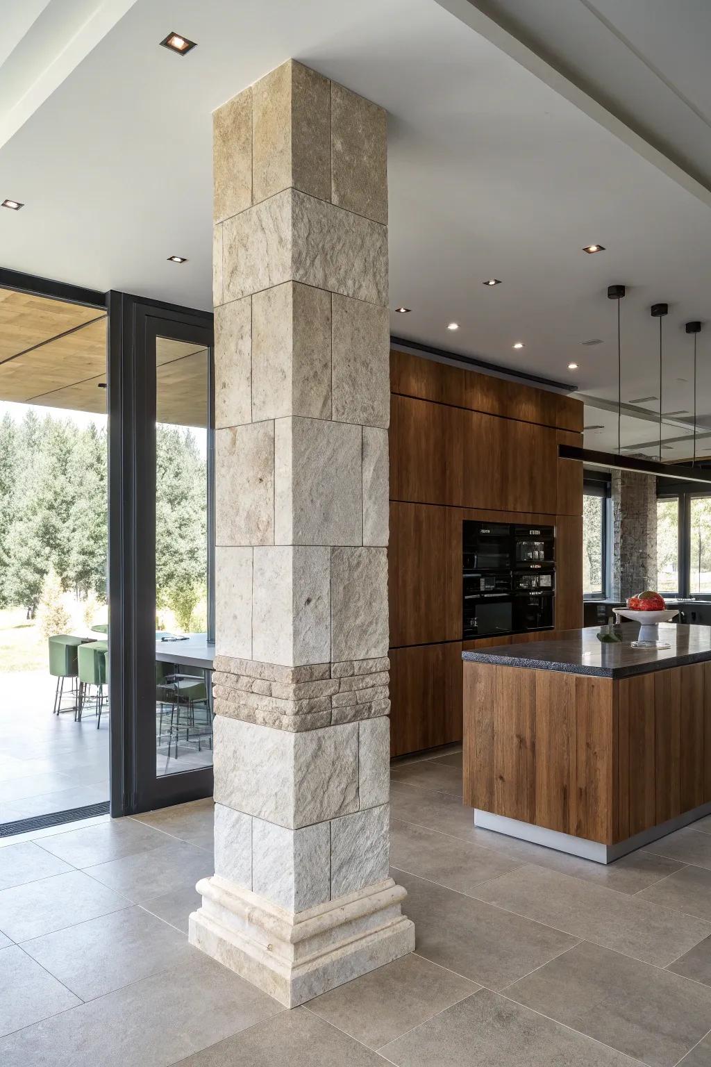 Blended materials enhance texture of columns.