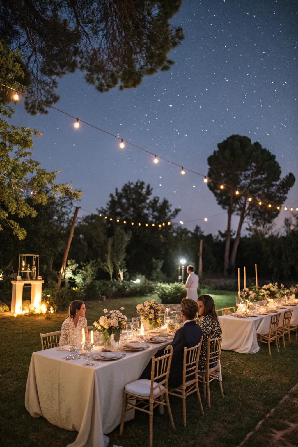 A candlelit dinner under the stars offers a romantic dining experience.