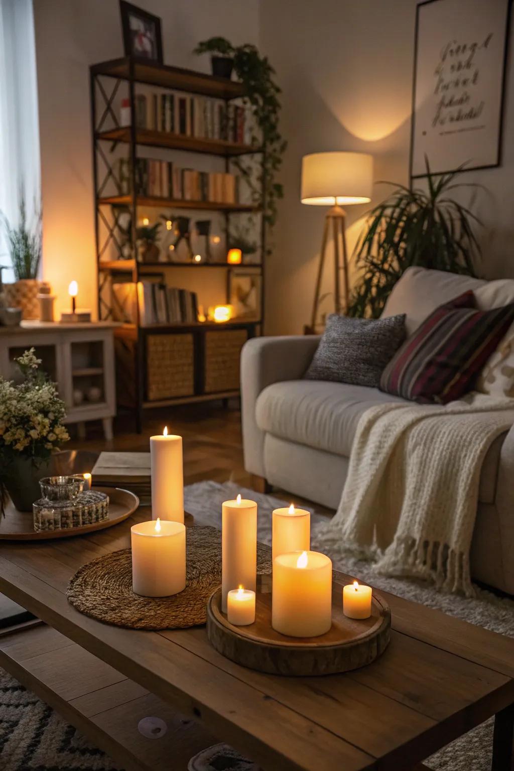 Cozy ambiance through safe LED candle lighting.