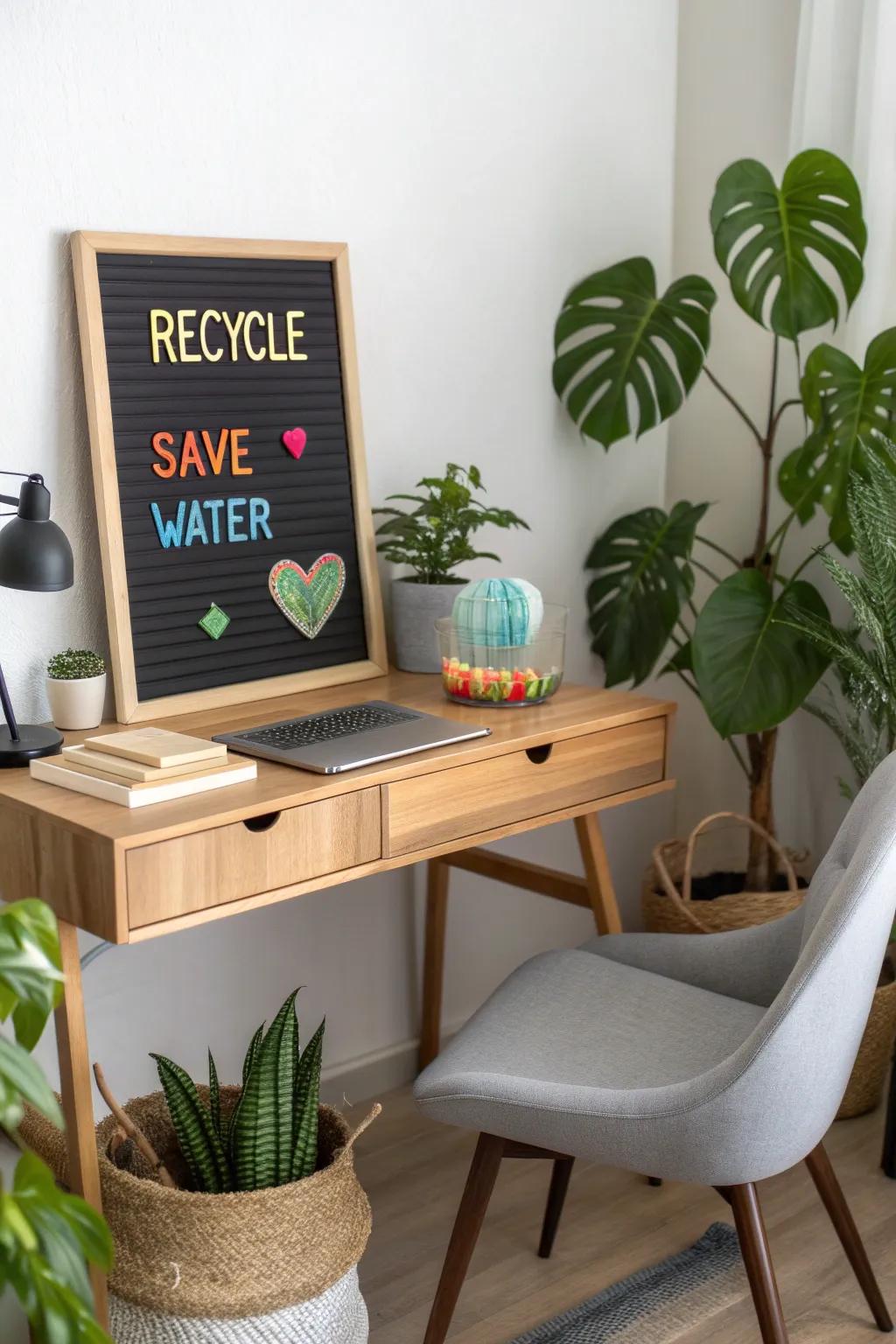 Promoting sustainability with reminders on a letter board.