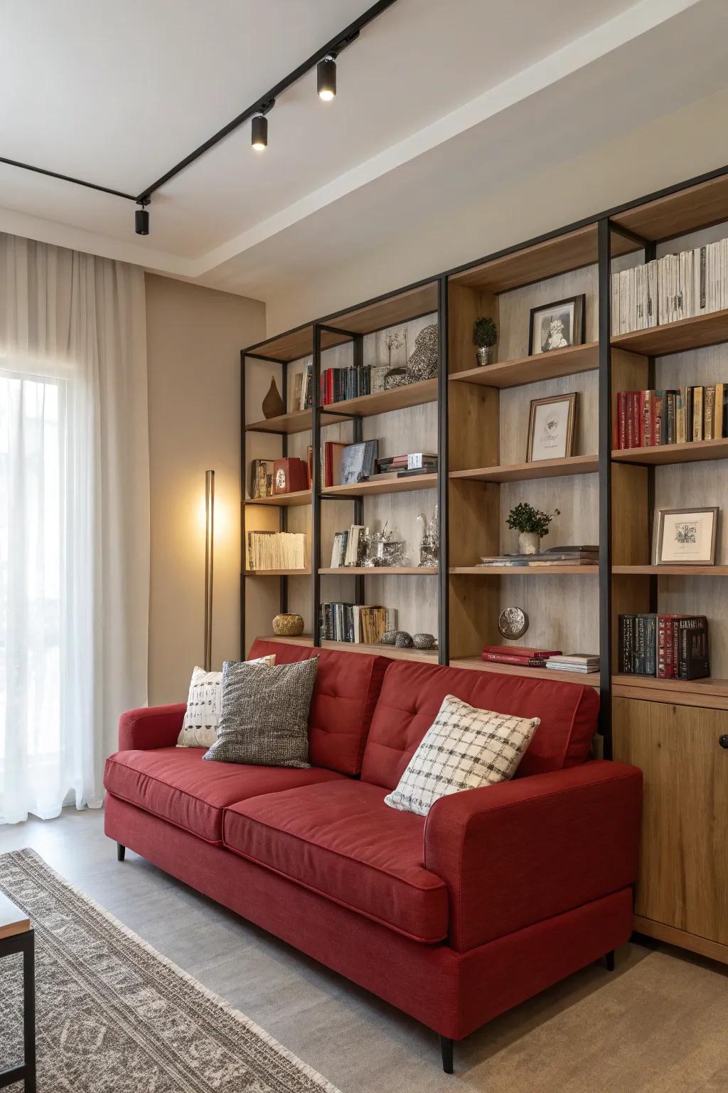Adding both functionality and aesthetic appeal, refined storage solutions frame your red sofa.