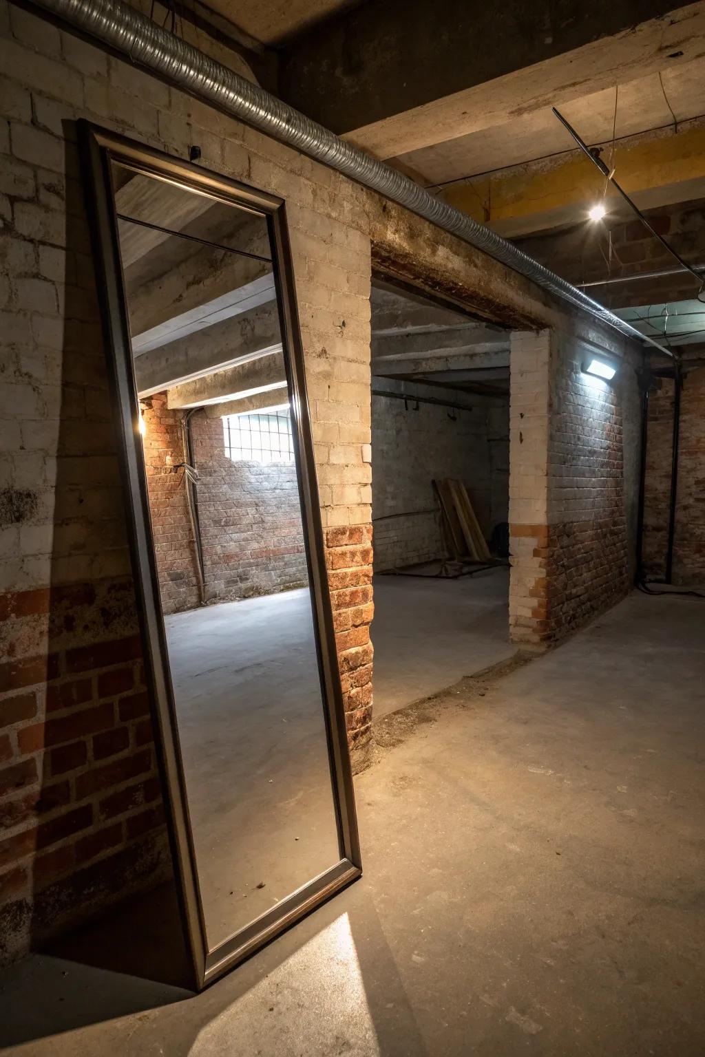 Mirrors that are floor-length contribute height and brightness to the basement.
