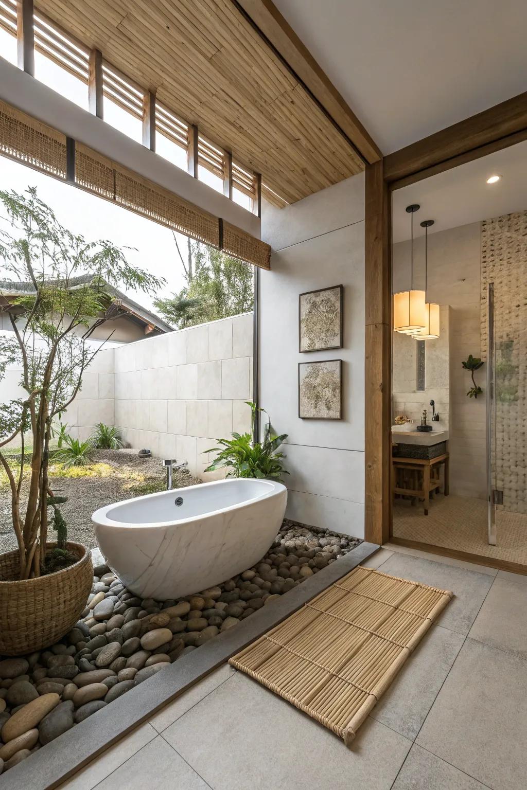 Zen-inspired simplicity fostering relaxation in a bathroom.